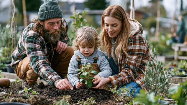 Barnefamilie planter i hage